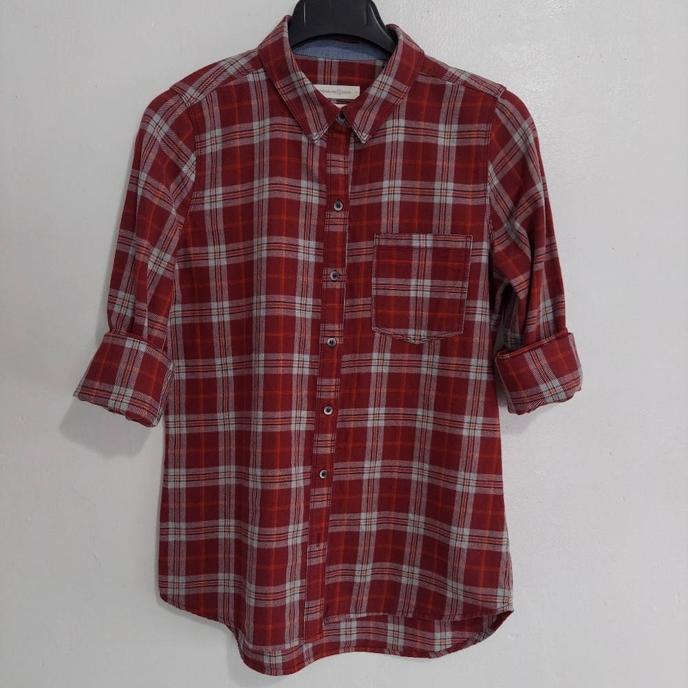 Treasure & Bond Shirt Small Burgundy Womens Button Top Shirt Long Sleeve Plaid